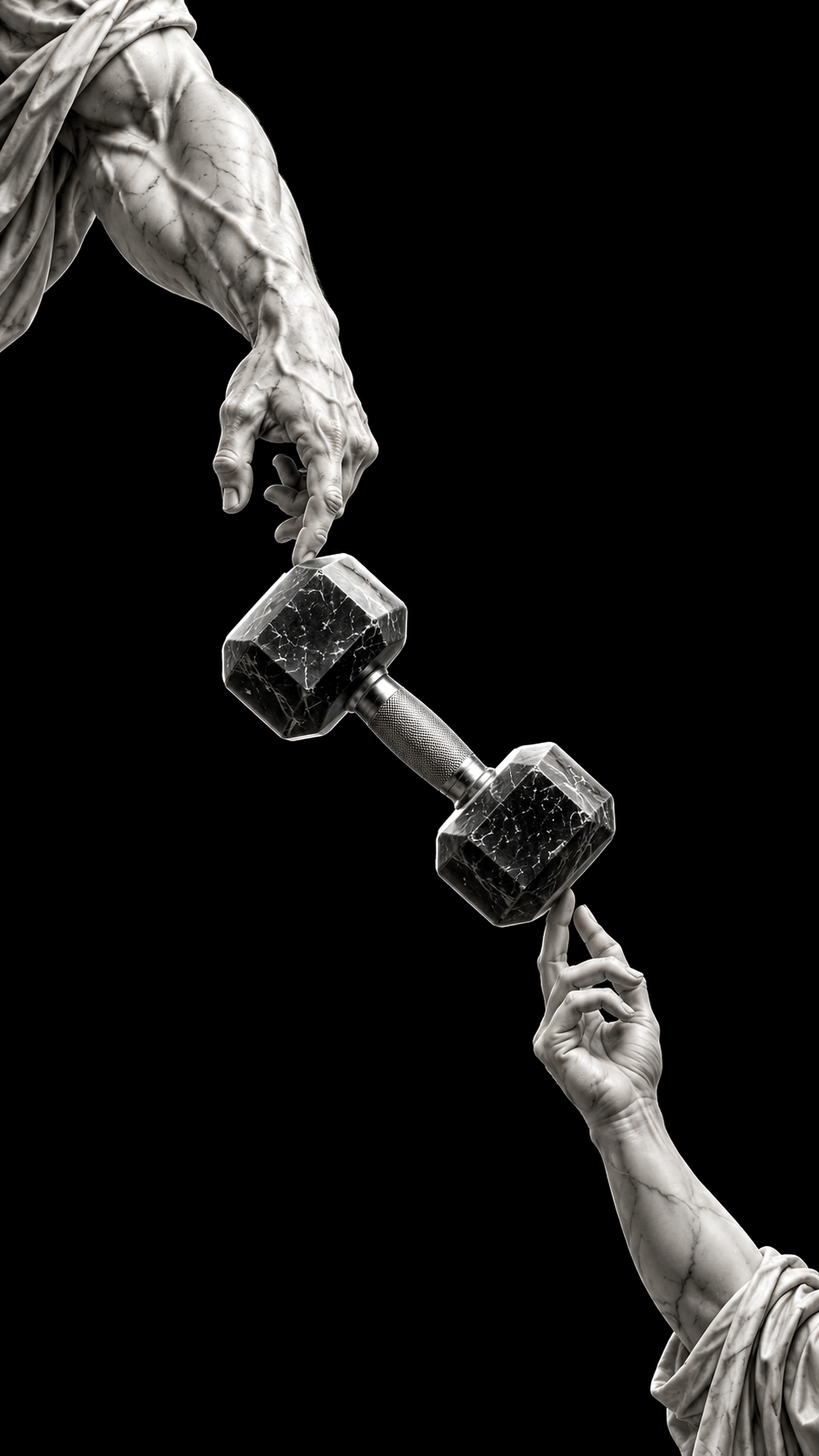 Two marble hands, a man's and a woman's, holding a dumbbell between them