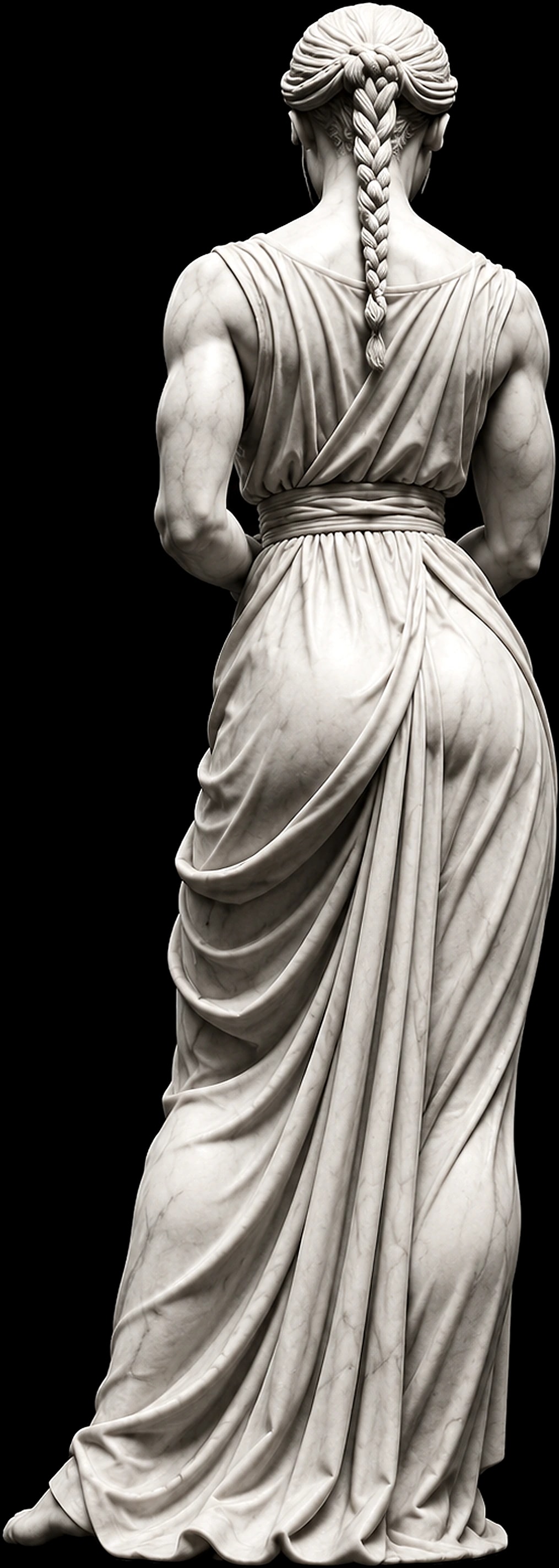Marble statue of a Greek woman athlete seen from behind, her hair in a long braid