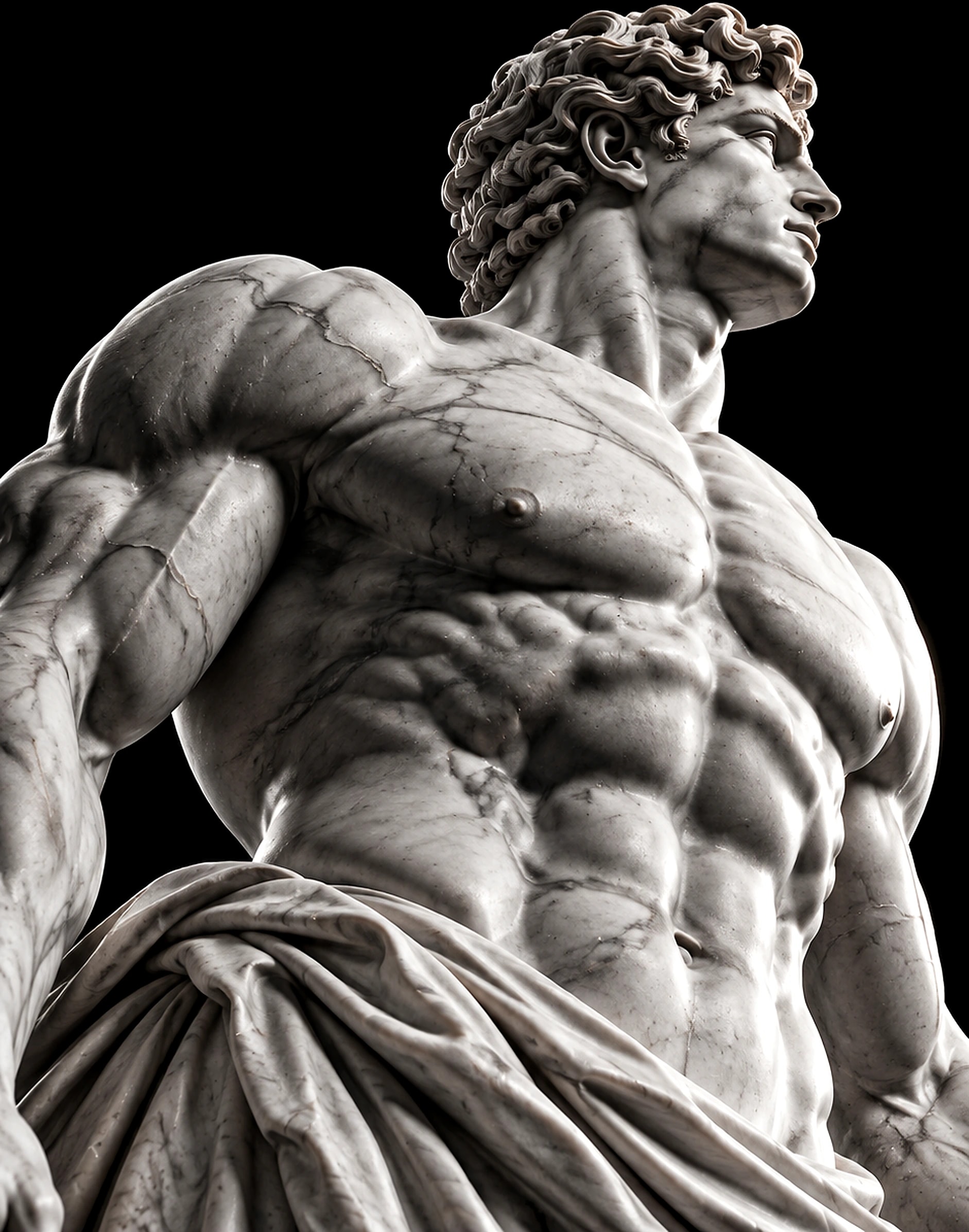 Marble statue of a muscular Greek hero, gazing upward