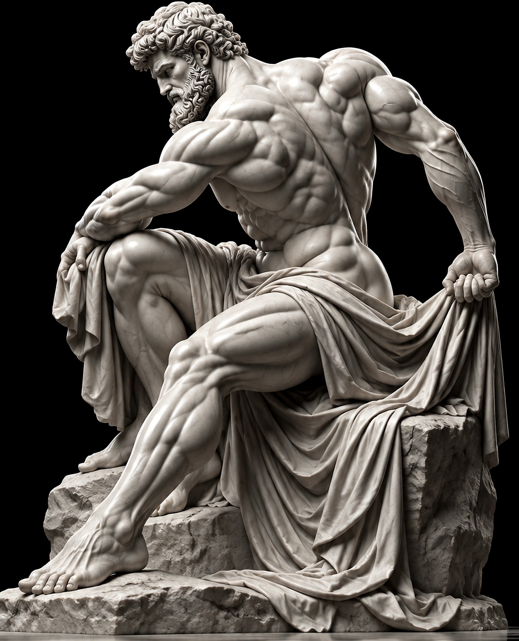 Marble statue of a seated Greek titan gripping his drapery
